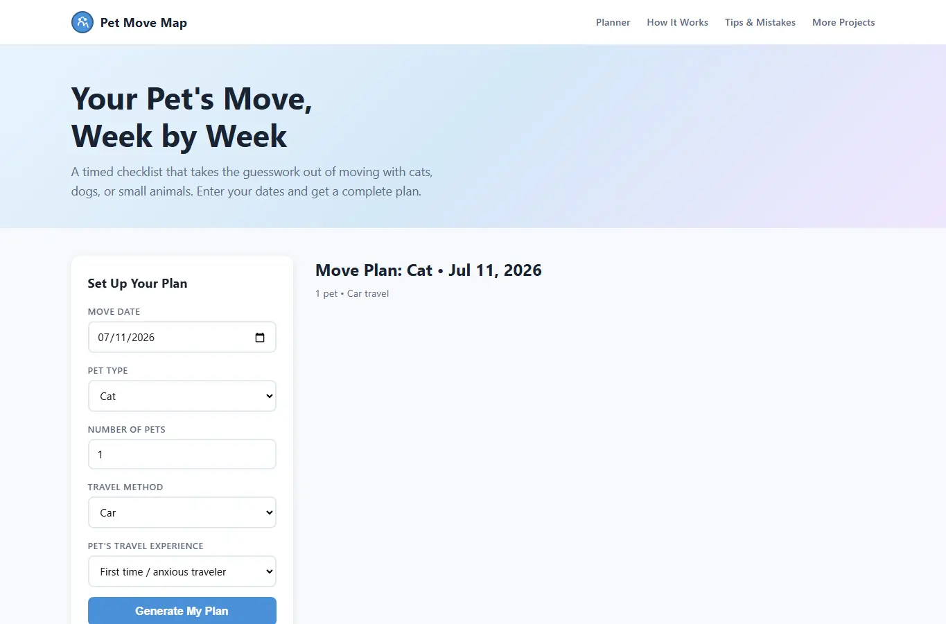 Screenshot of Pet Move Transition Map interface showing the project page in use